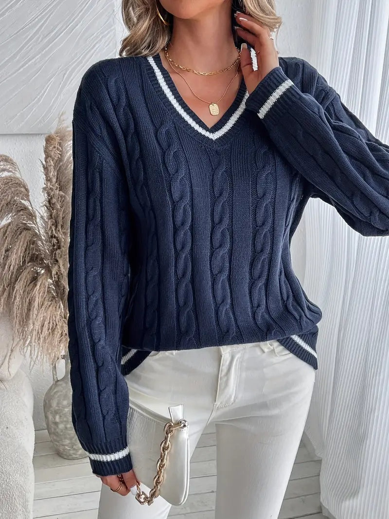 Alma | Jersey de Punto Cableado Mujer Escote V Rayas