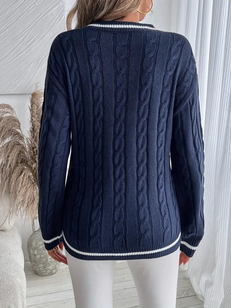 Alma | Jersey de Punto Cableado Mujer Escote V Rayas