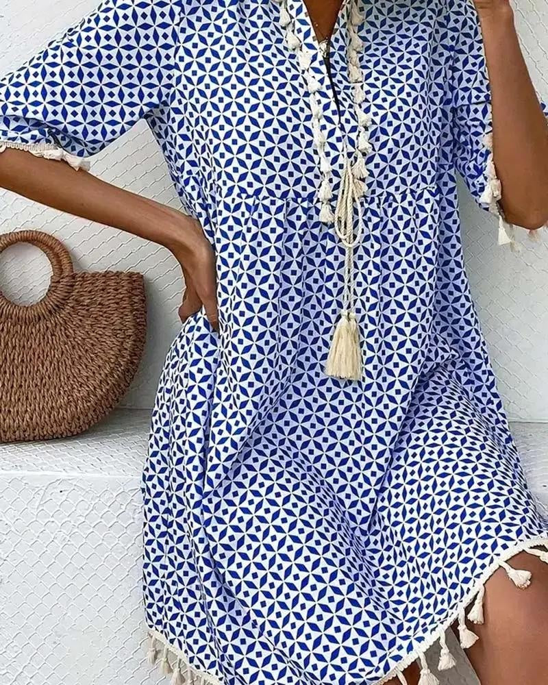 Alma | Vestido Corto de Verano Mujer Estampado Geométrico Flecos