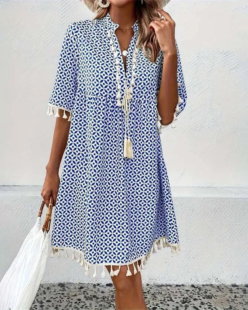 Alma | Vestido Corto de Verano Mujer Estampado Geométrico Flecos