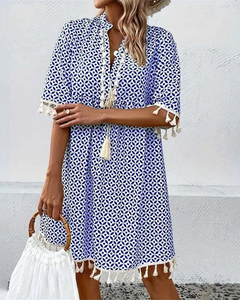 Alma | Vestido Corto de Verano Mujer Estampado Geométrico Flecos