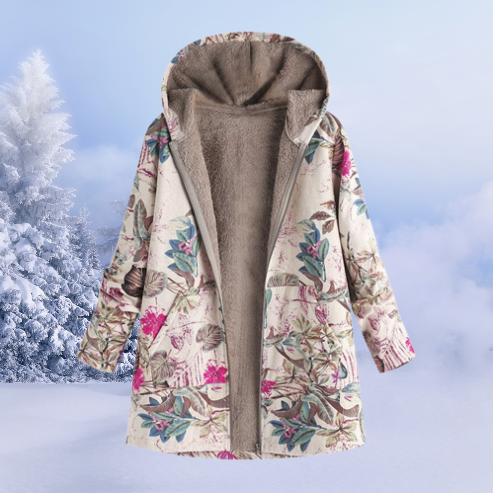 Amaia | Chaqueta de Borreguito Estampada Mujer Larga con Capucha
