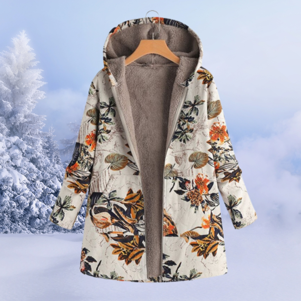 Amaia | Chaqueta de Borreguito Estampada Mujer Larga con Capucha