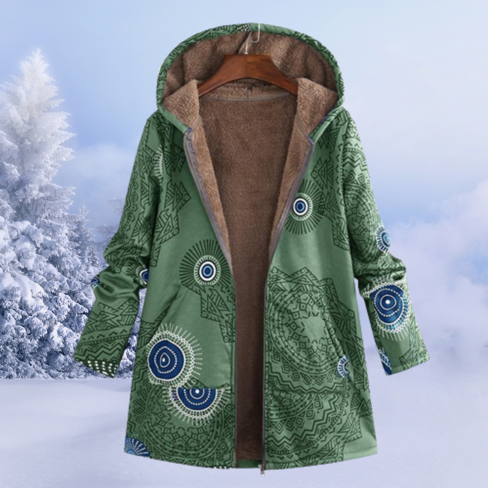 Amaia | Chaqueta de Borreguito Estampada Mujer Larga con Capucha