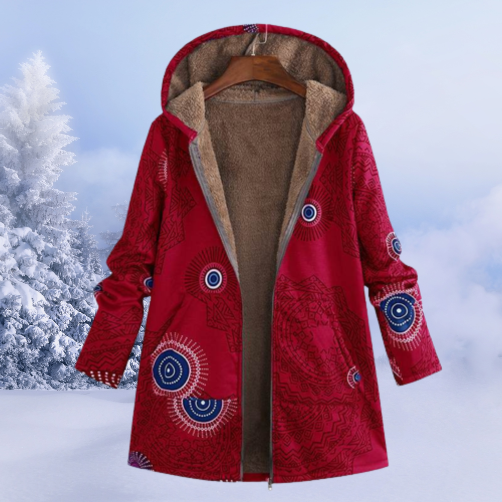 Amaia | Chaqueta de Borreguito Estampada Mujer Larga con Capucha