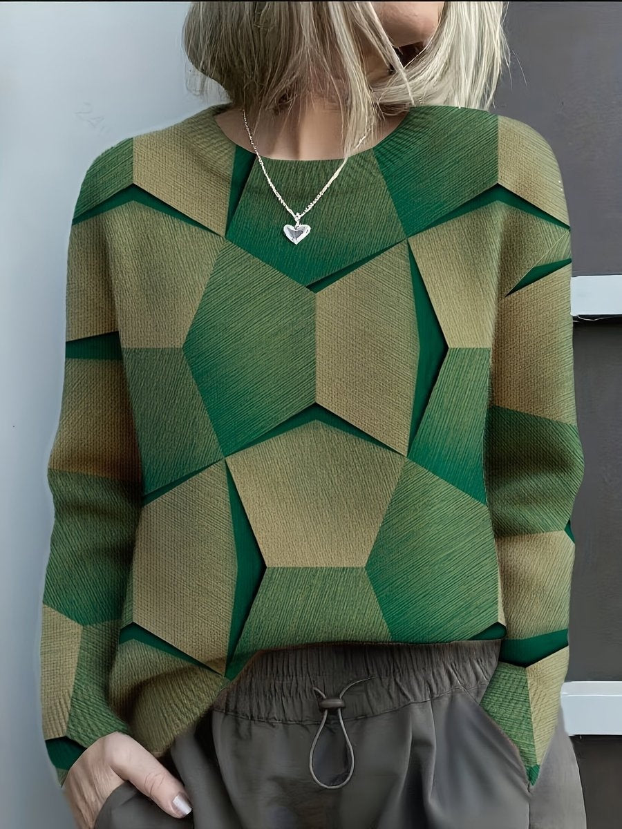 Amaia | Jersey Fino Estampado Geométrico Mujer Manga Larga Cuello Redondo