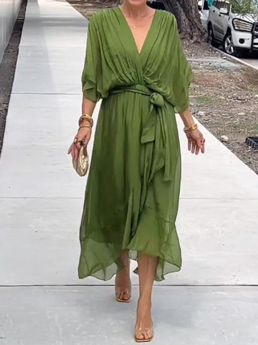 Amaia | Vestido Midi Drapeado Asimétrico de Gasa Mujer Escote V Cinturón