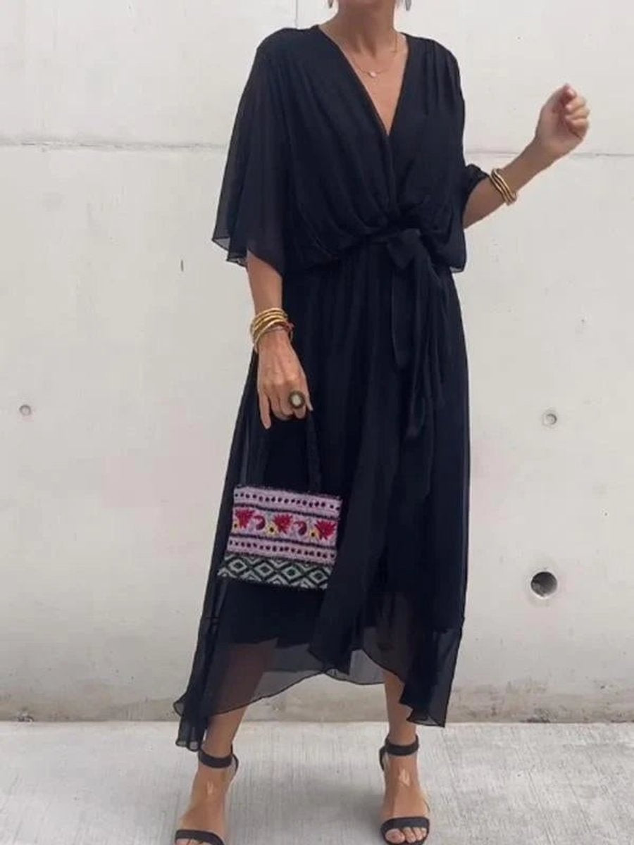 Amaia | Vestido Midi Drapeado Asimétrico de Gasa Mujer Escote V Cinturón