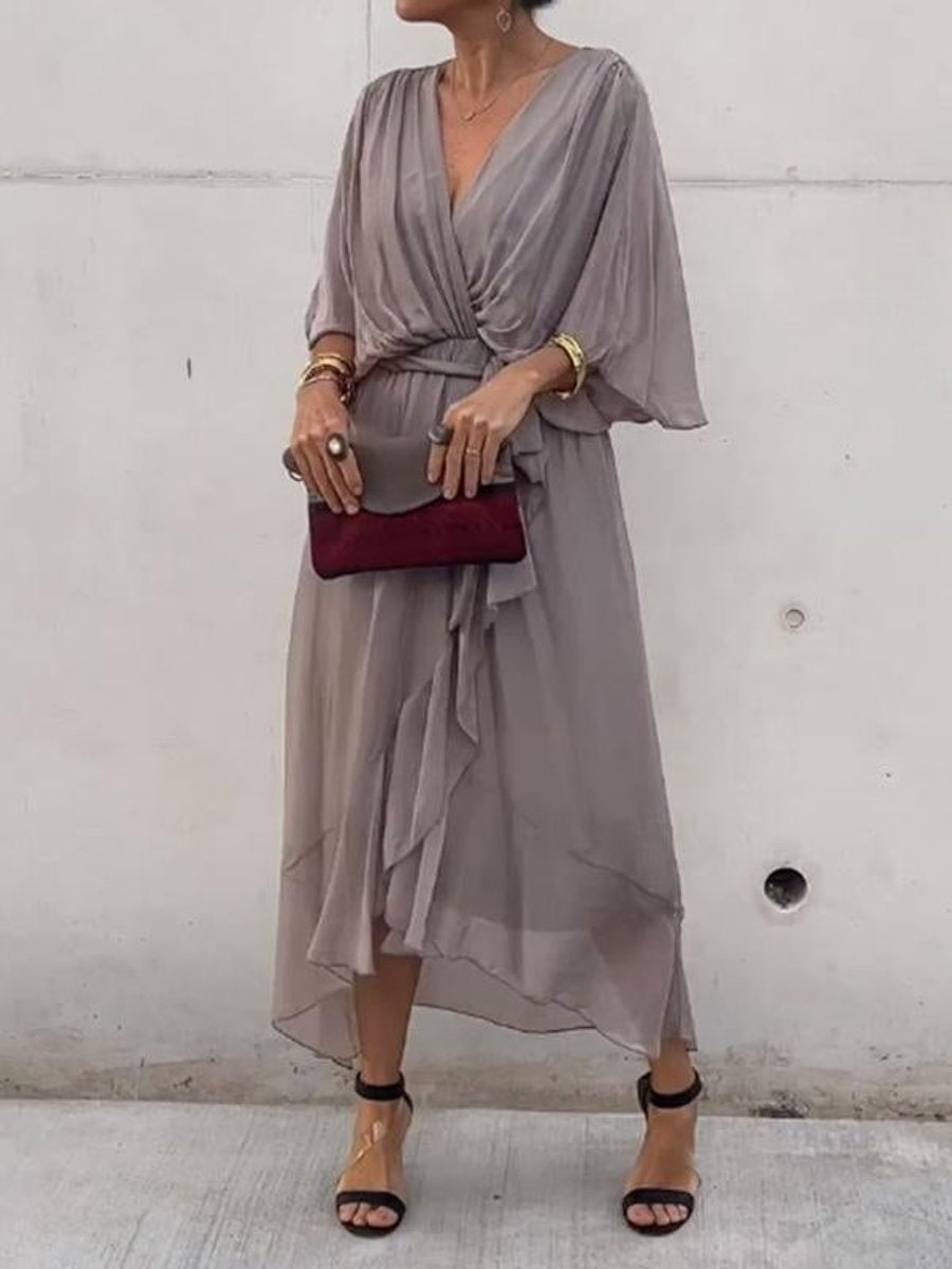 Amaia | Vestido Midi Drapeado Asimétrico de Gasa Mujer Escote V Cinturón