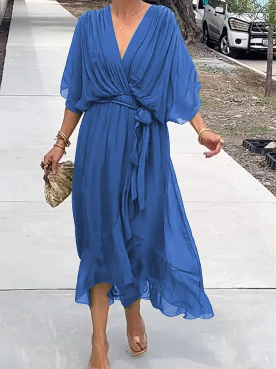 Amaia | Vestido Midi Drapeado Asimétrico de Gasa Mujer Escote V Cinturón