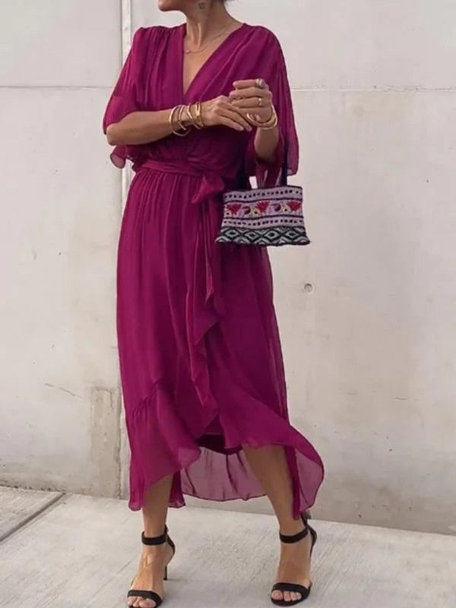 Amaia | Vestido Midi Drapeado Asimétrico de Gasa Mujer Escote V Cinturón