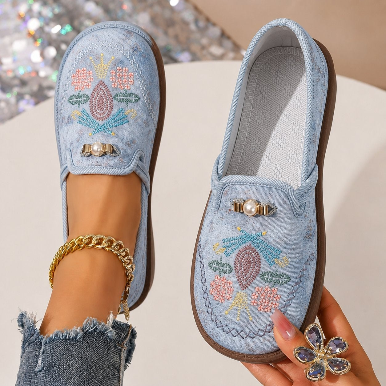 Amparo | Mocasines Bordados Florales Mujer Perlas Sin Cordones