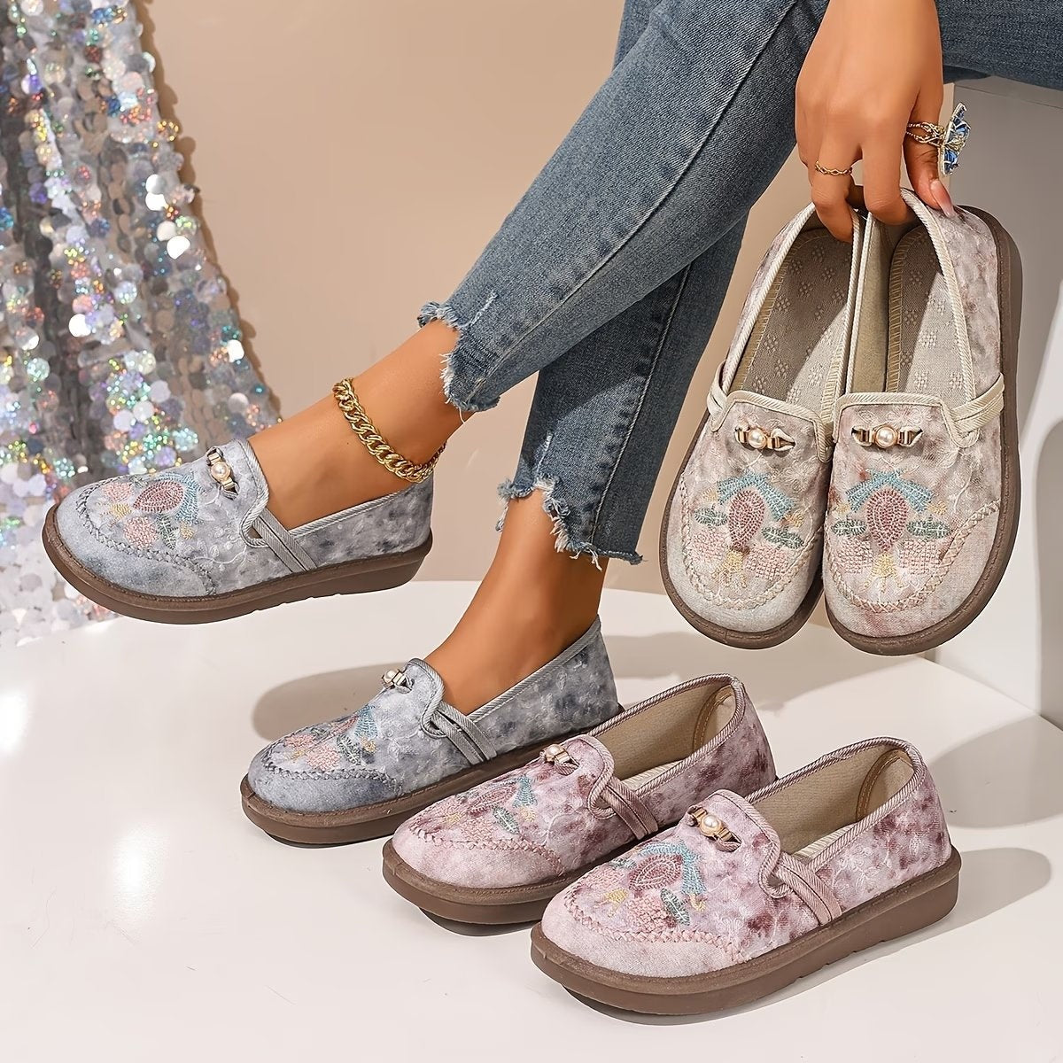 Amparo | Mocasines Bordados Florales Mujer Perlas Sin Cordones