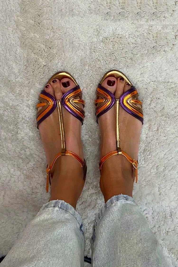 Amparo | Sandalias Doradas Mujer Tiras Multicolor Hebilla