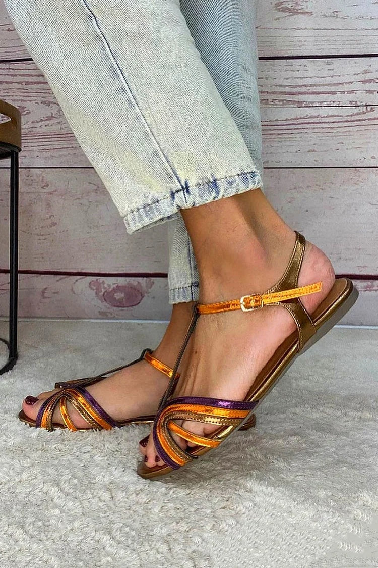 Amparo | Sandalias Doradas Mujer Tiras Multicolor Hebilla
