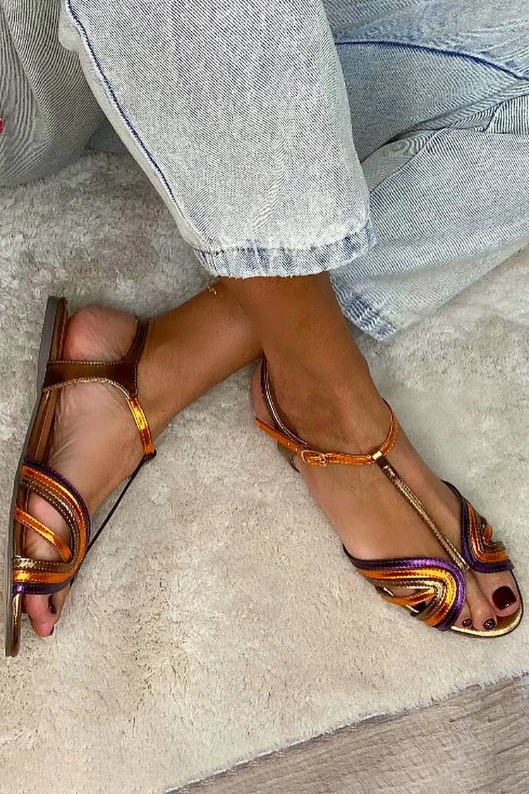 Amparo | Sandalias Doradas Mujer Tiras Multicolor Hebilla