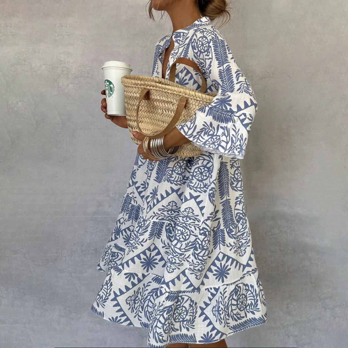 Amparo | Vestido Midi Boho Estampado Geométrico Mujer Manga Larga