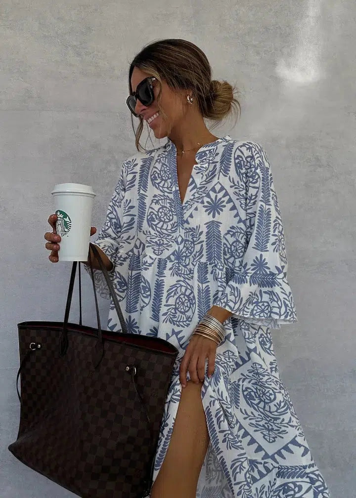 Amparo | Vestido Midi Boho Estampado Geométrico Mujer Manga Larga