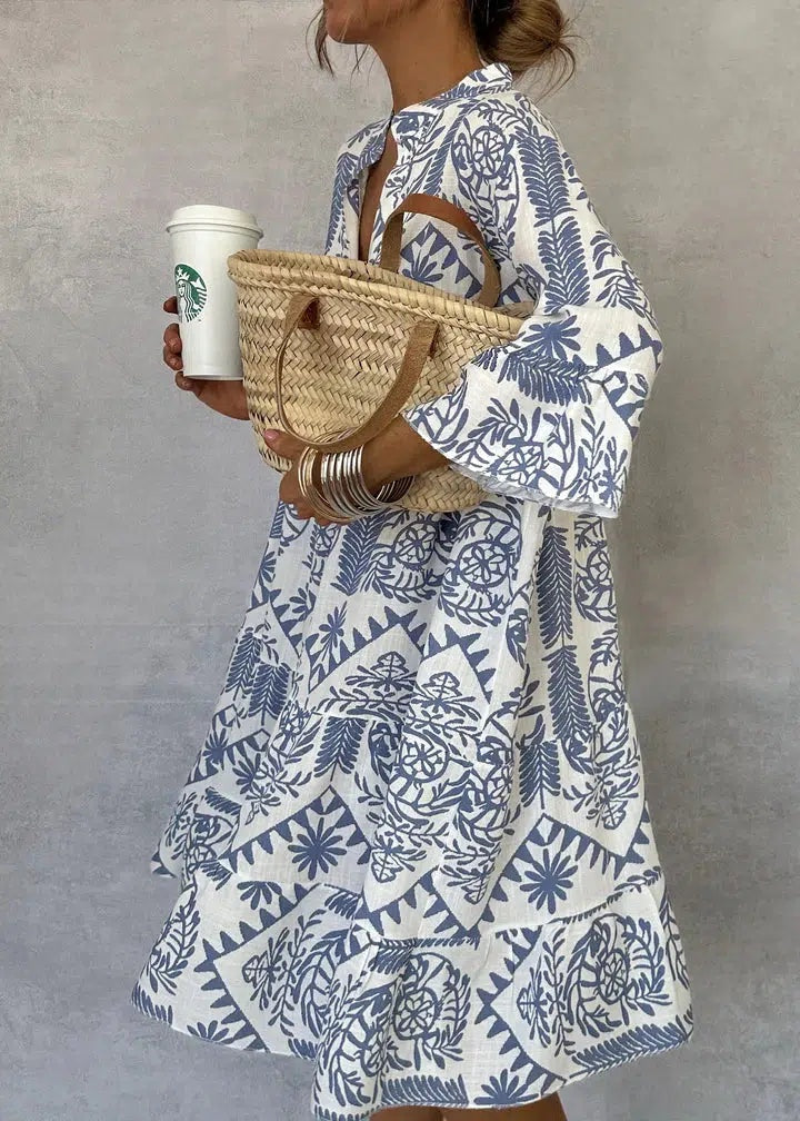 Amparo | Vestido Midi Boho Estampado Geométrico Mujer Manga Larga