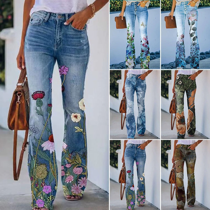 Ariadna | Jeans Flare Estampado Floral Mujer Cintura Alta