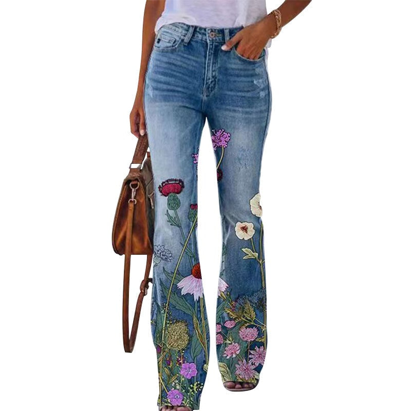 Ariadna | Jeans Flare Estampado Floral Mujer Cintura Alta