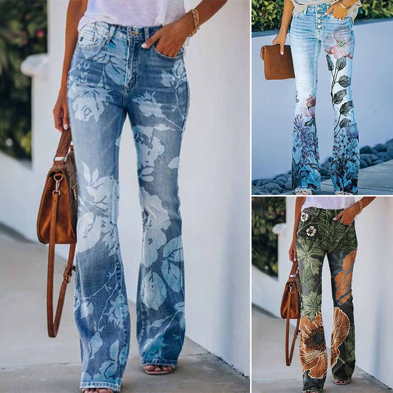 Ariadna | Jeans Flare Estampado Floral Mujer Cintura Alta