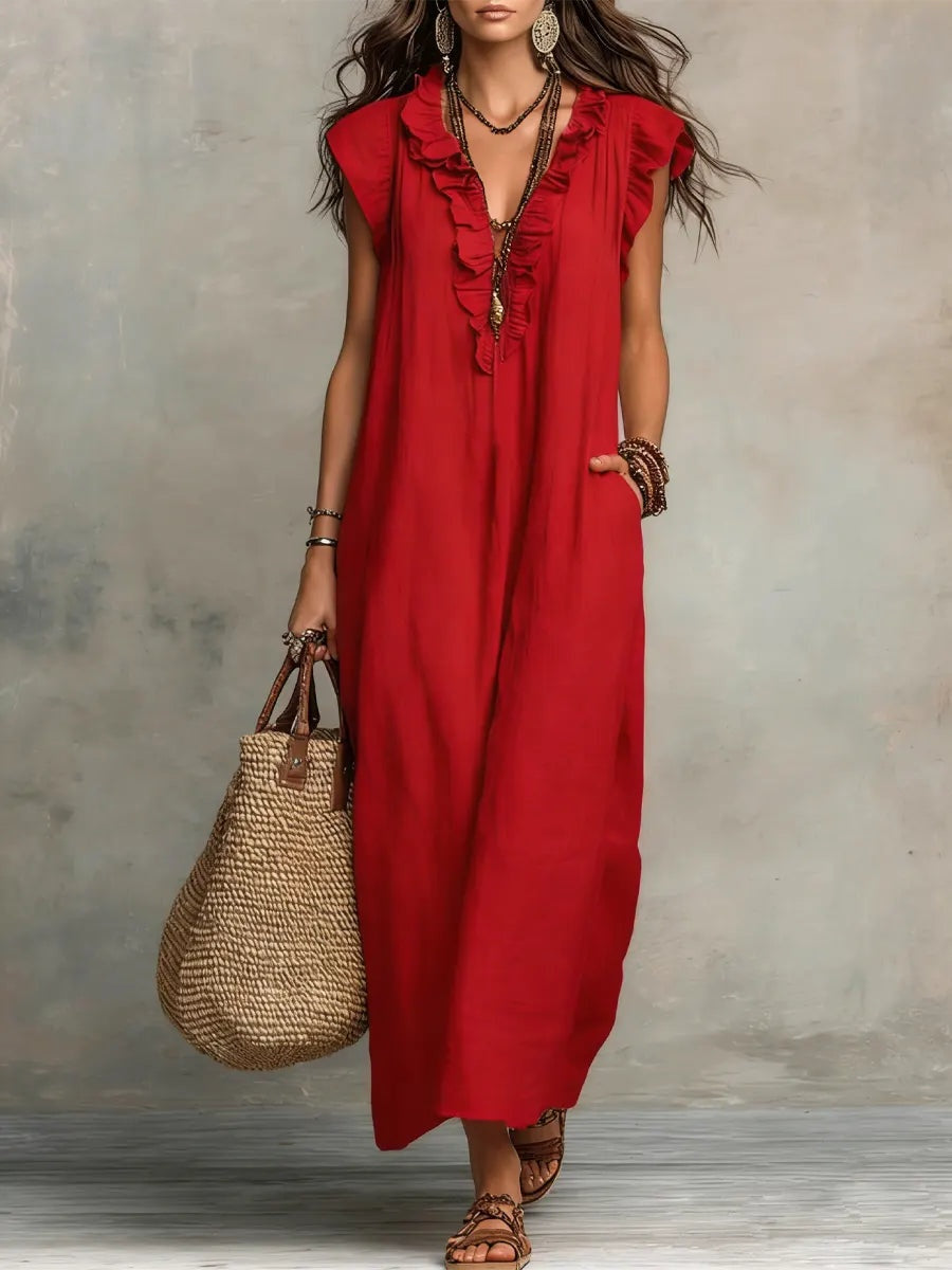 Ariadna | Vestido Largo con Volantes Boho Mujer Sin Mangas Bolsillos