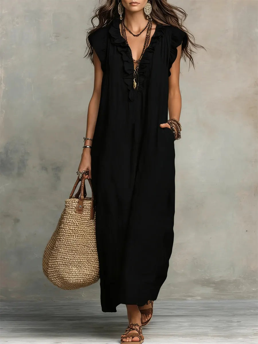 Ariadna | Vestido Largo con Volantes Boho Mujer Sin Mangas Bolsillos