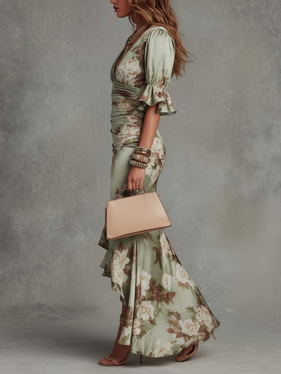 Ariadna | Vestido Largo Floral Ajustado Mujer Escote V Volantes