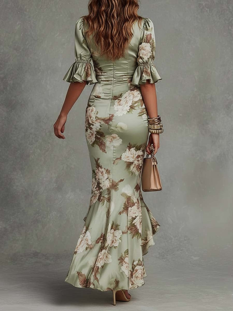 Ariadna | Vestido Largo Floral Ajustado Mujer Escote V Volantes