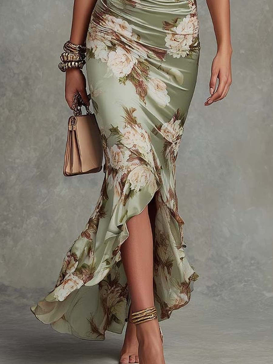 Ariadna | Vestido Largo Floral Ajustado Mujer Escote V Volantes