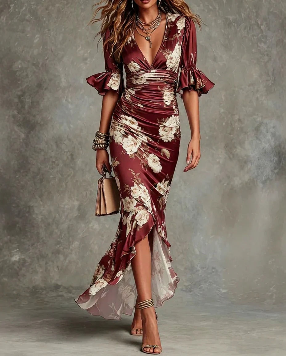 Ariadna | Vestido Largo Floral Ajustado Mujer Escote V Volantes