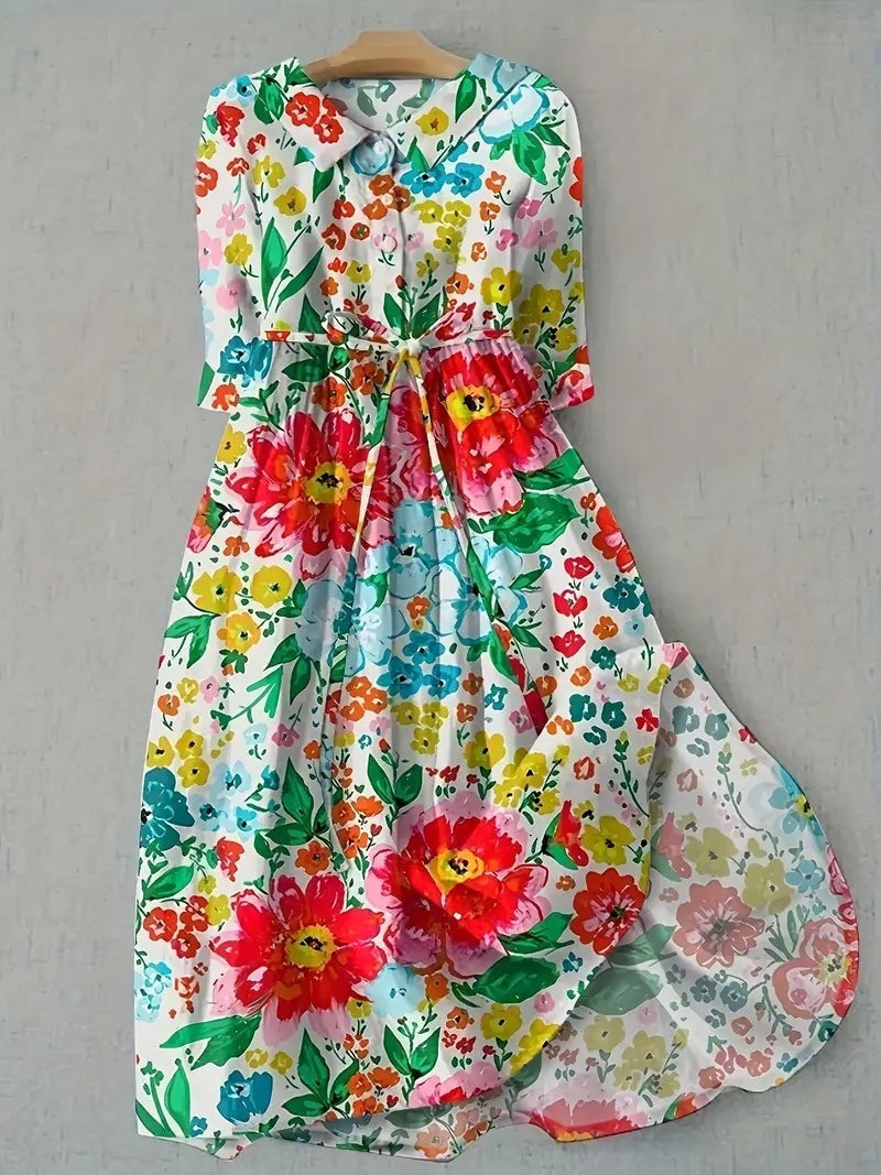 Rocío | Vestido Largo de Verano Floral Mujer Manga Corta Cinturón