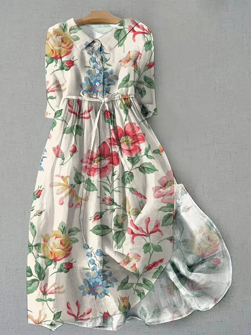 Rocío | Vestido Largo de Verano Floral Mujer Manga Corta Cinturón