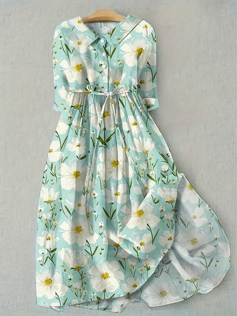 Rocío | Vestido Largo de Verano Floral Mujer Manga Corta Cinturón