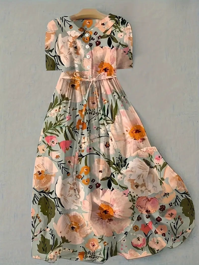 Rocío | Vestido Largo de Verano Floral Mujer Manga Corta Cinturón