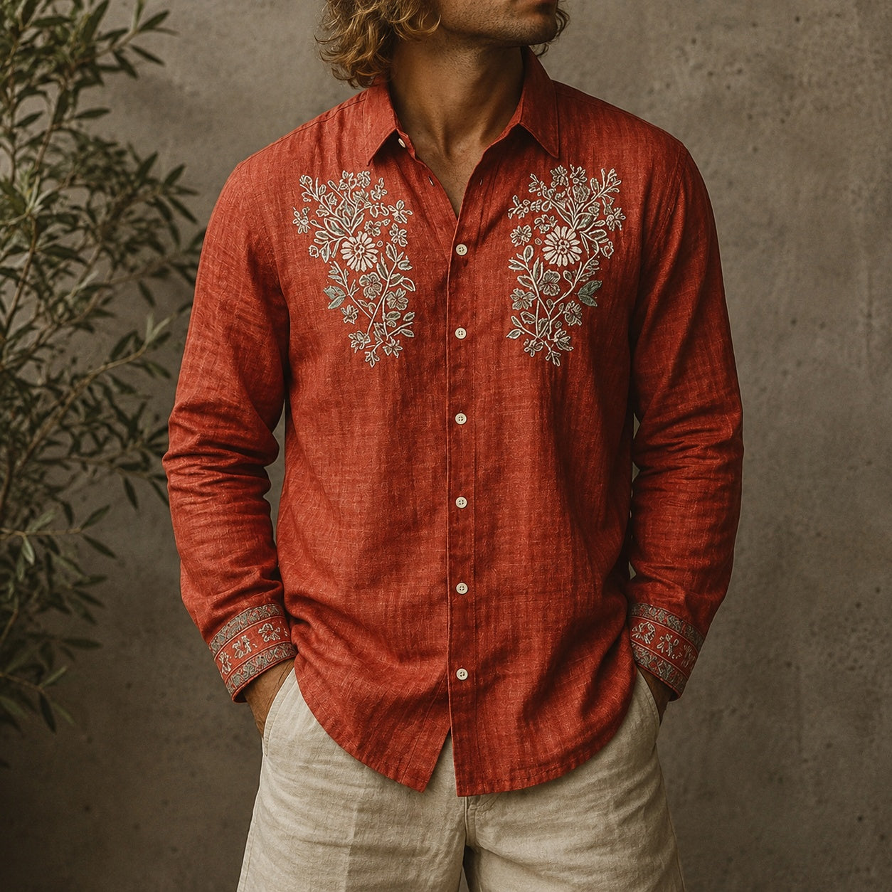 Arnau | Camisa de Lino de Manga Larga Hombre Bordado Floral