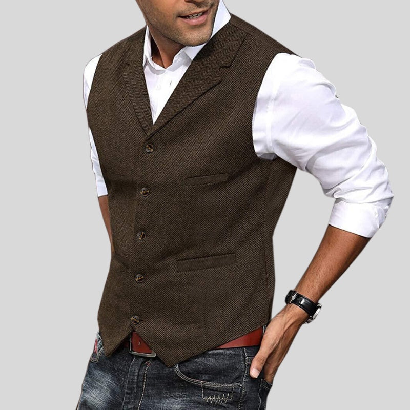 Arturo | Chaleco de Tweed Espiga Hombre Cuello Solapa Botones