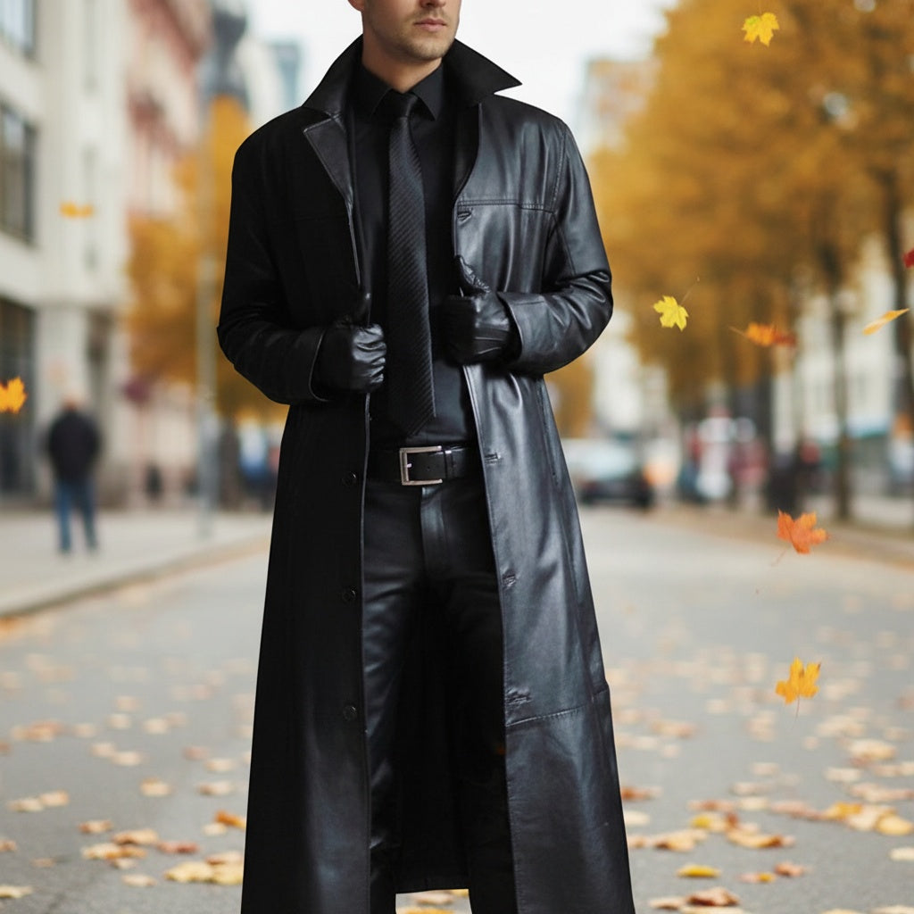 Asier | Chaqueta de Cuero Larga Hombre Cuello Solapa