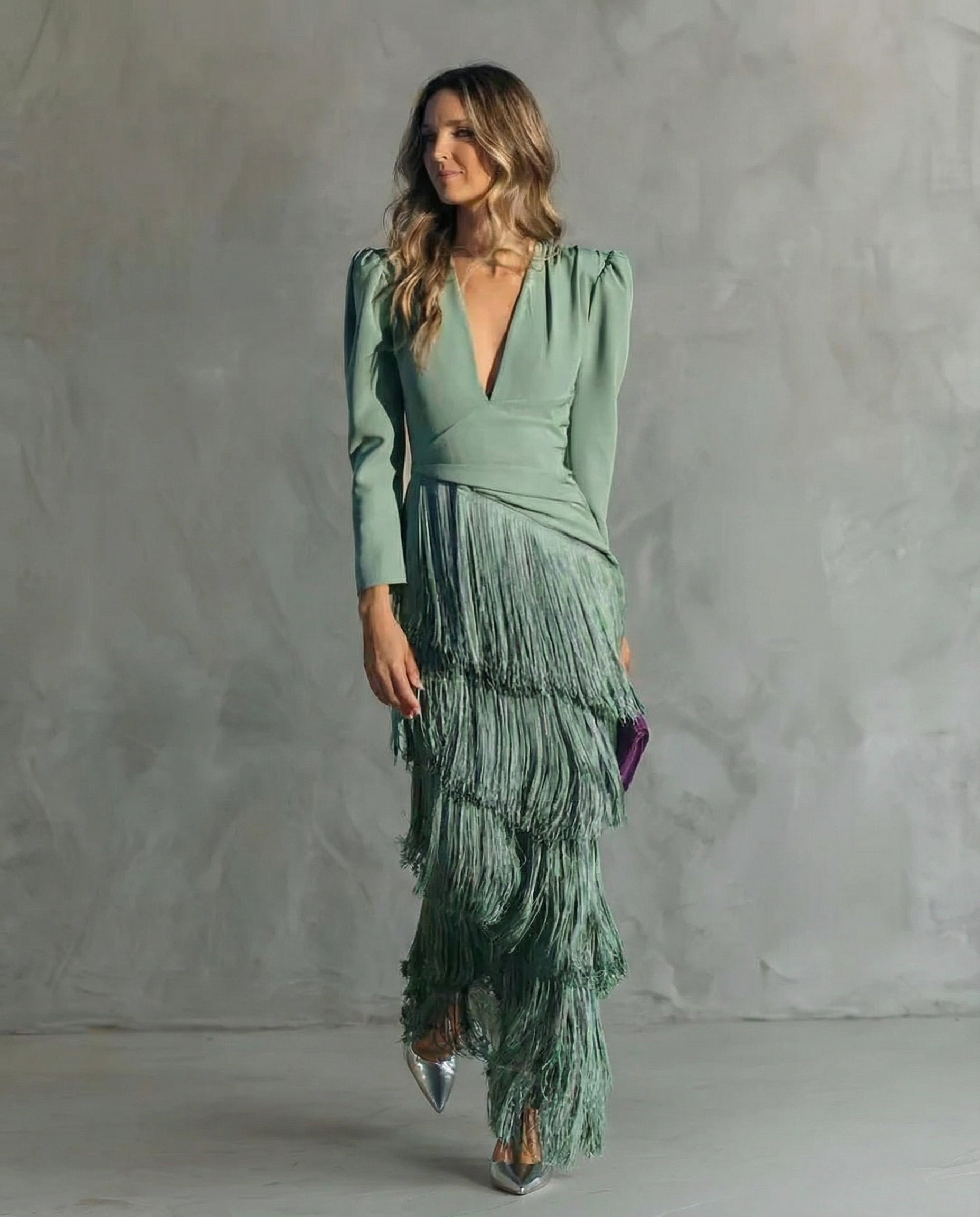 Beatriz | Vestido Largo de Invitada Boda Invierno Mujer Manga Larga Flecos