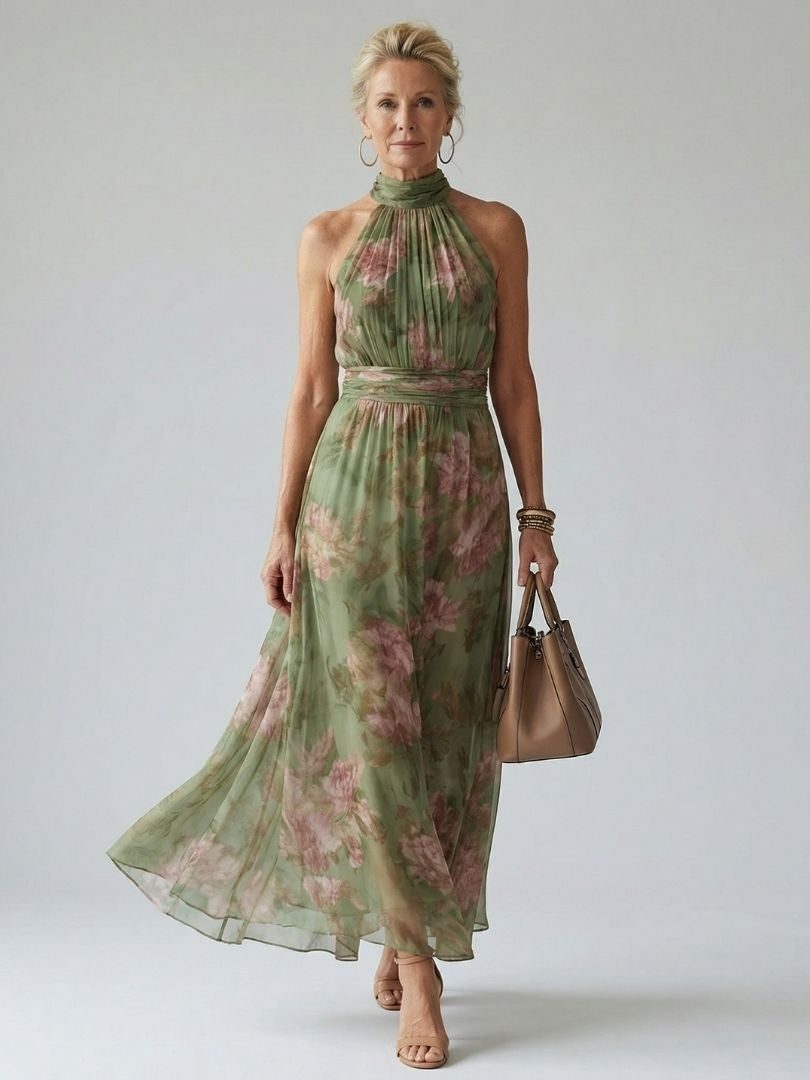 Beatriz | Vestido Midi Halter Estampado Floral Mujer Fruncido