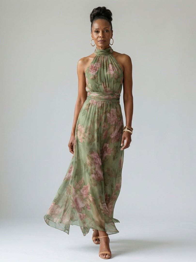 Beatriz | Vestido Midi Halter Estampado Floral Mujer Fruncido