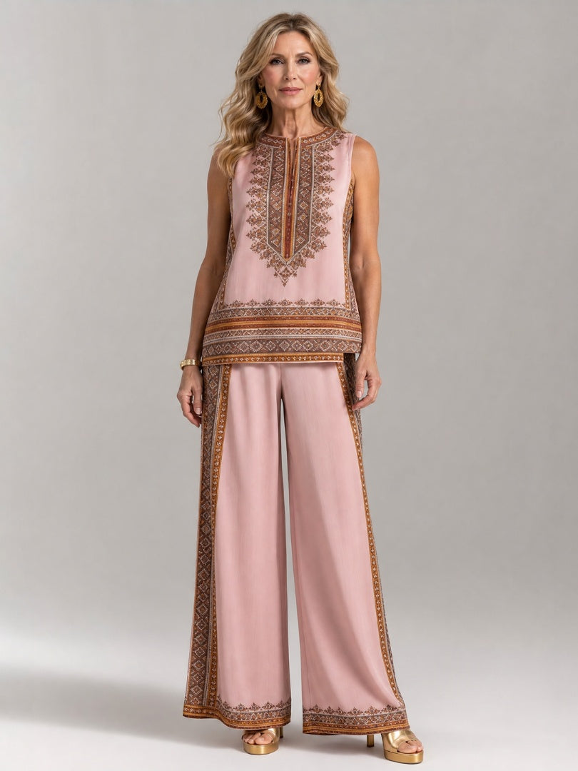 Begoña | Conjunto de Pantalón Palazzo Pierna Ancha Mujer Estampado Étnico Sin Mangas