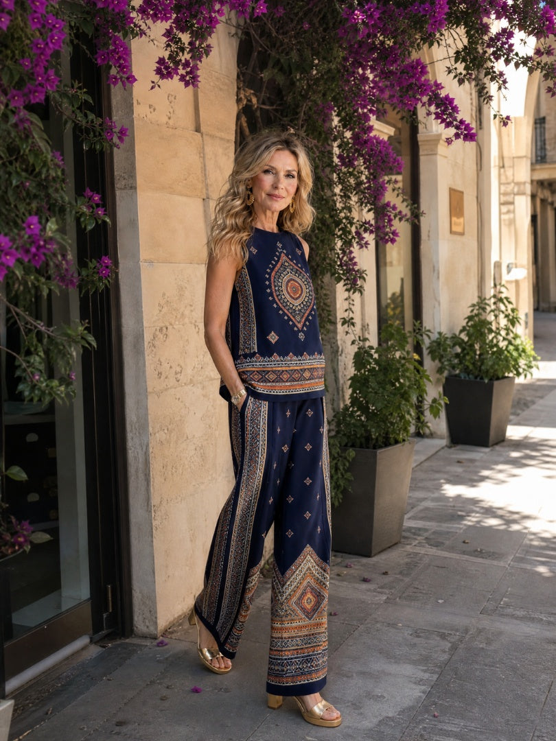 Begoña | Conjunto de Pantalón Palazzo Pierna Ancha Mujer Estampado Étnico Sin Mangas
