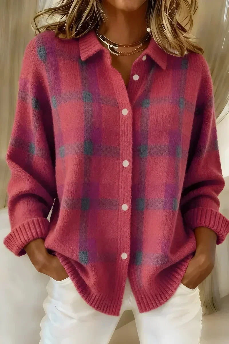 Berta | Cárdigan de Cuadros de Punto Mujer Cuello Solapa Botones