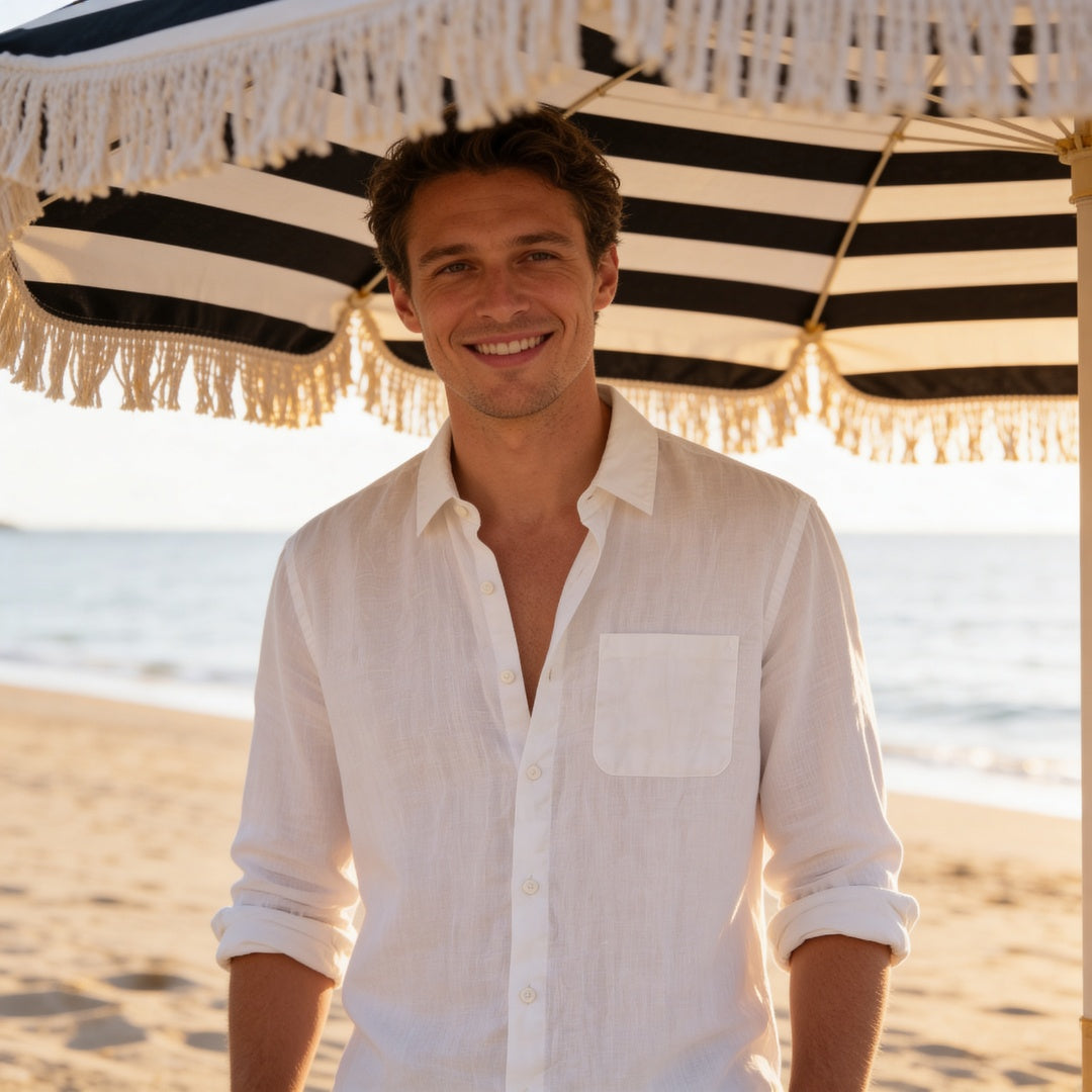 Biel | Camisa Blanca de Lino Hombre Manga Larga Bolsillo