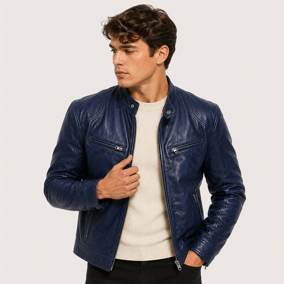 Biel | Cazadora de Cuero Hombre Cuello Mao Cremallera