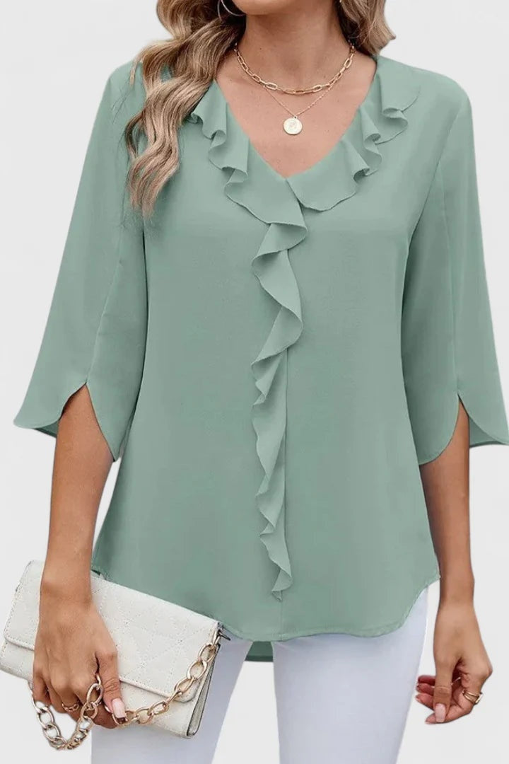 Blusa con Volantes Escote V Mujer Manga Tres Cuartos