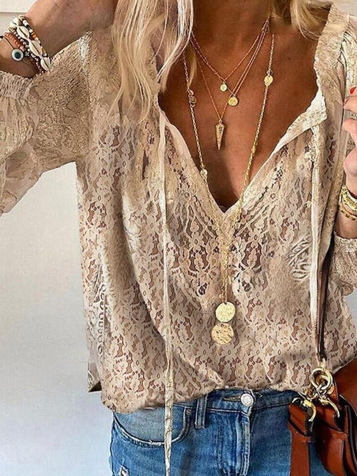 Blusa de Encaje Escote V Mujer Manga Larga