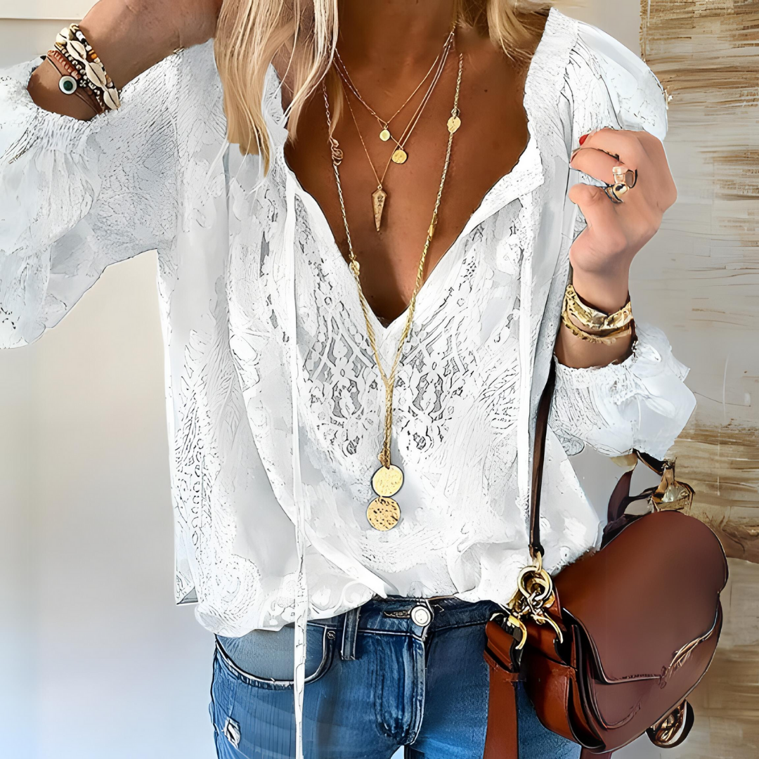 Blusa de Encaje Escote V Mujer Manga Larga